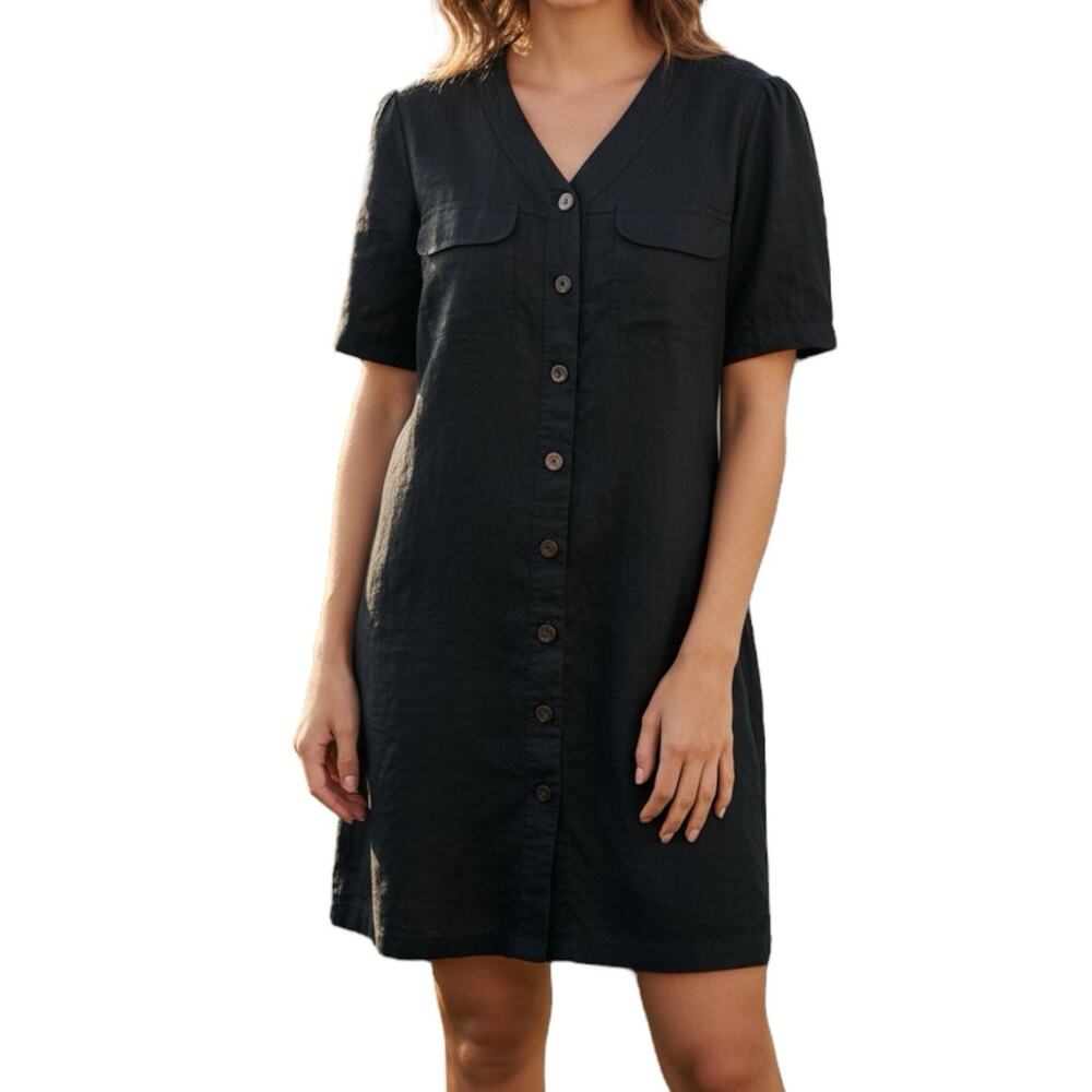 VTG Womens Linen Shift Shirt Dress Sz 8‎ Pockets LBD Minimalist Coquette Basics